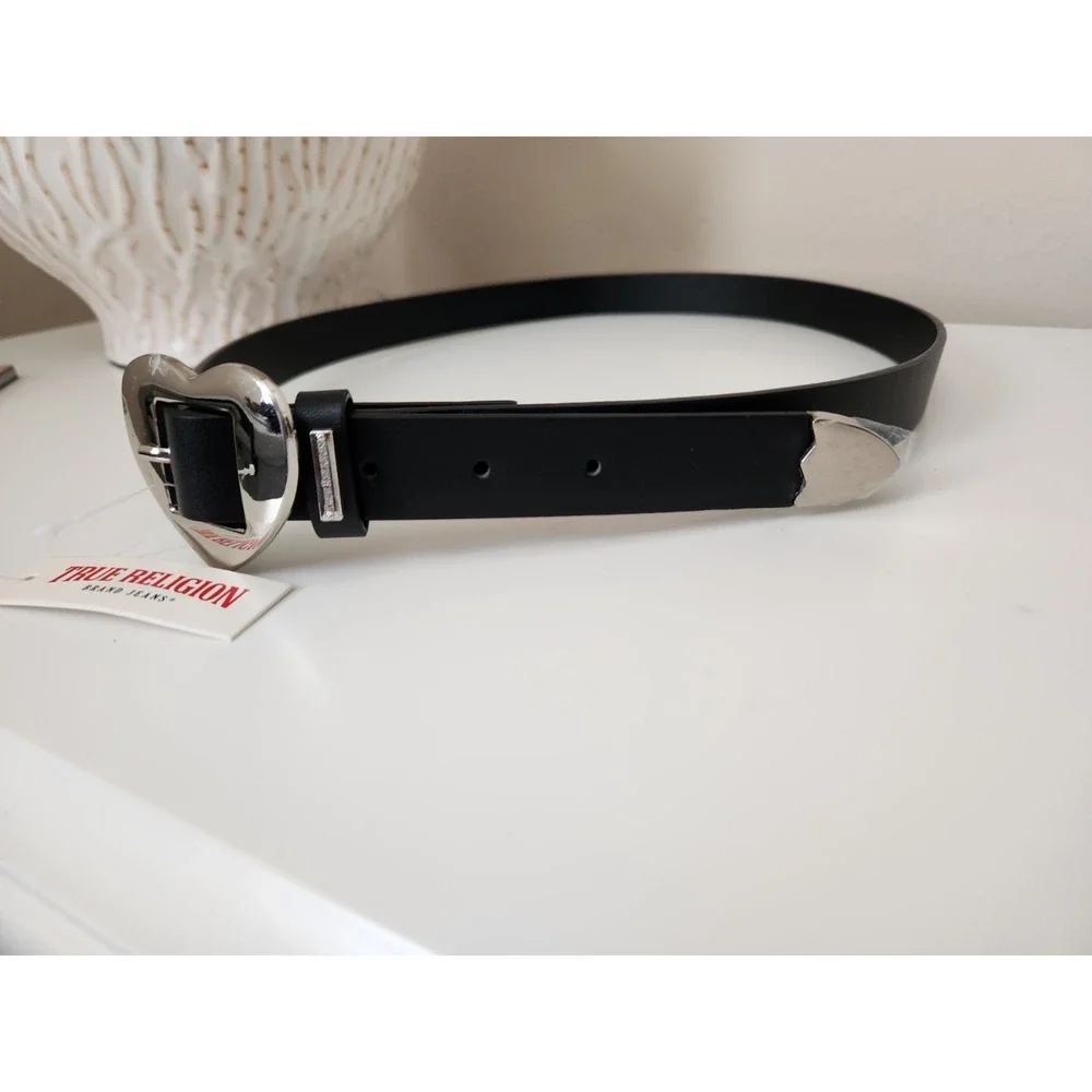True Religion Silver Heart‎ Buckle Belt Womens Faux Leather Belt Black Size L/XL